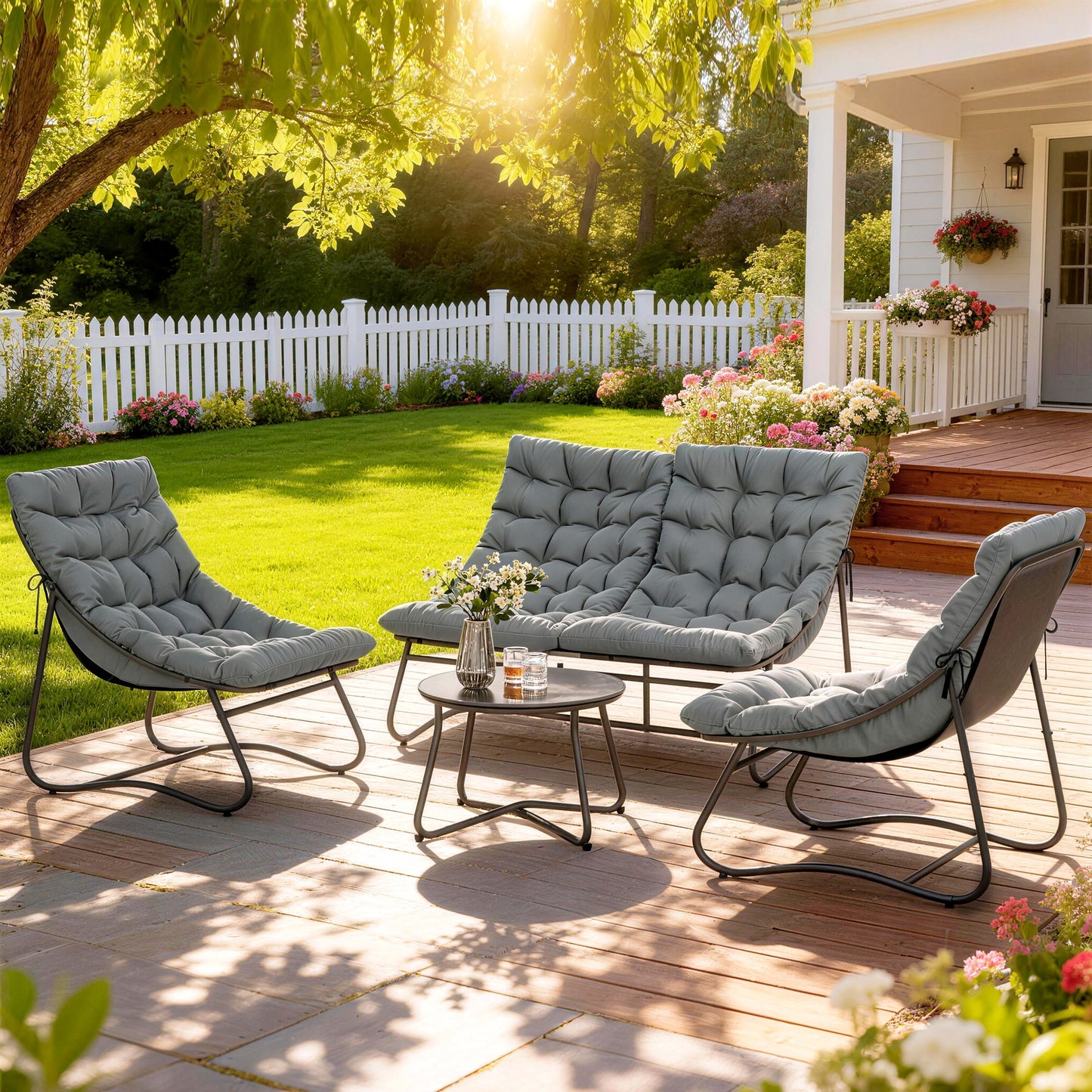 Four-Piece Curved Seat Garden Sofa Set - Grey/Black