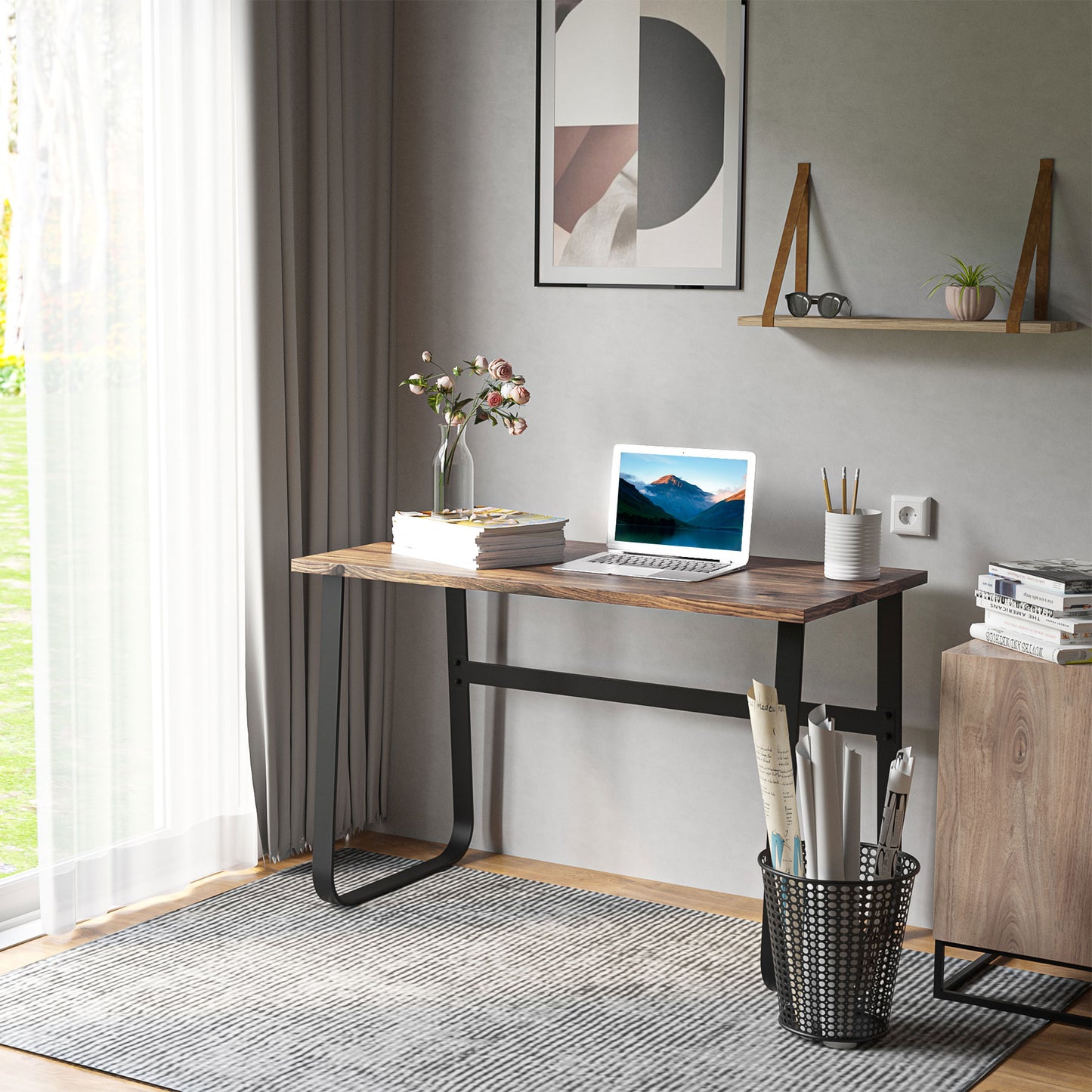Industrial Writing Desk With Metal Legs, 115 x 58 x 74.5cm, Rustic Brown and Black
