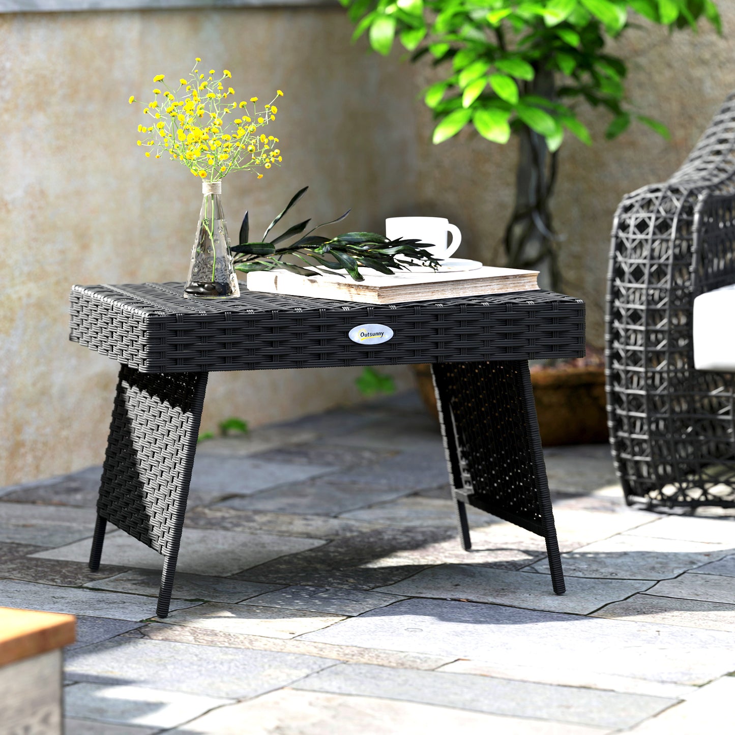 Foldable Outdoor Side Table, Rattan Garden Coffee Table with Steel Frame, Space Saving Bistro Garden Furniture for Patio
