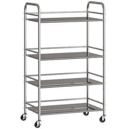 4 Tier Stainless Steel Kitchen Storage Trolley with Adjustable Shelves - Silver