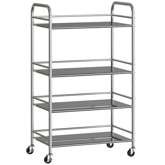 4 Tier Stainless Steel Kitchen Storage Trolley with Adjustable Shelves - Silver