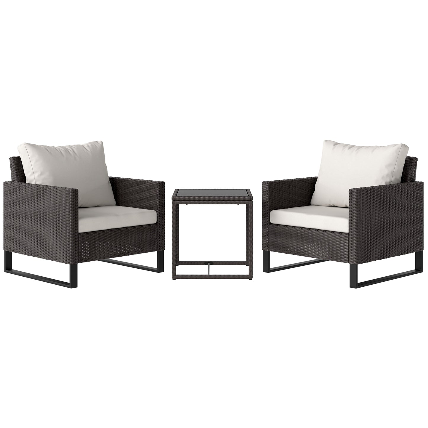 3 Pieces Rattan Bistro Set with 4 Cushions, Wicker Garden Furniture Set, Glass Top Coffee Table and Chairs for Outdoor Patio