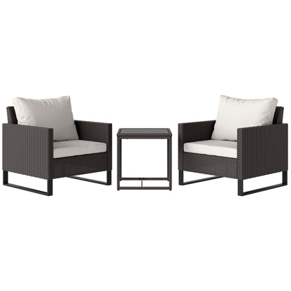 3 Pieces Rattan Bistro Set with 4 Cushions, Wicker Garden Furniture Set, Glass Top Coffee Table and Chairs for Outdoor Patio