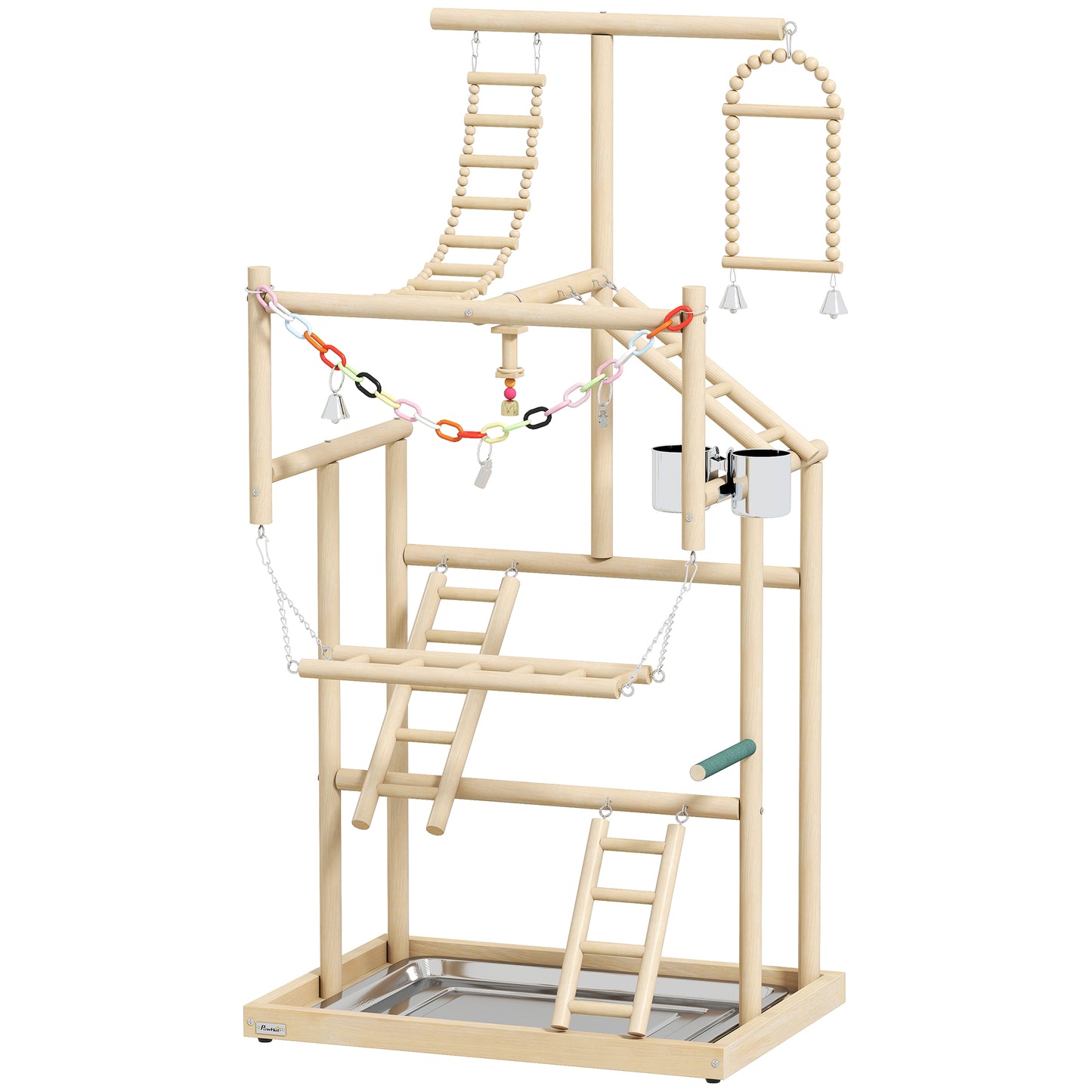 95 cm Wooden Bird Playground with Ladders, Chain Toy, Stainless Steel Cups and Tray, Bird Cage Accessories, Natural