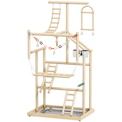 95 cm Wooden Bird Playground with Ladders, Chain Toy, Stainless Steel Cups and Tray, Bird Cage Accessories, Natural