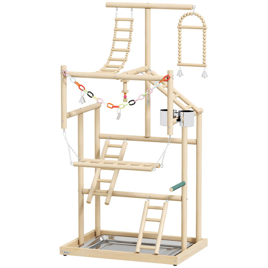 95 cm Wooden Bird Playground with Ladders, Chain Toy, Stainless Steel Cups and Tray, Bird Cage Accessories, Natural