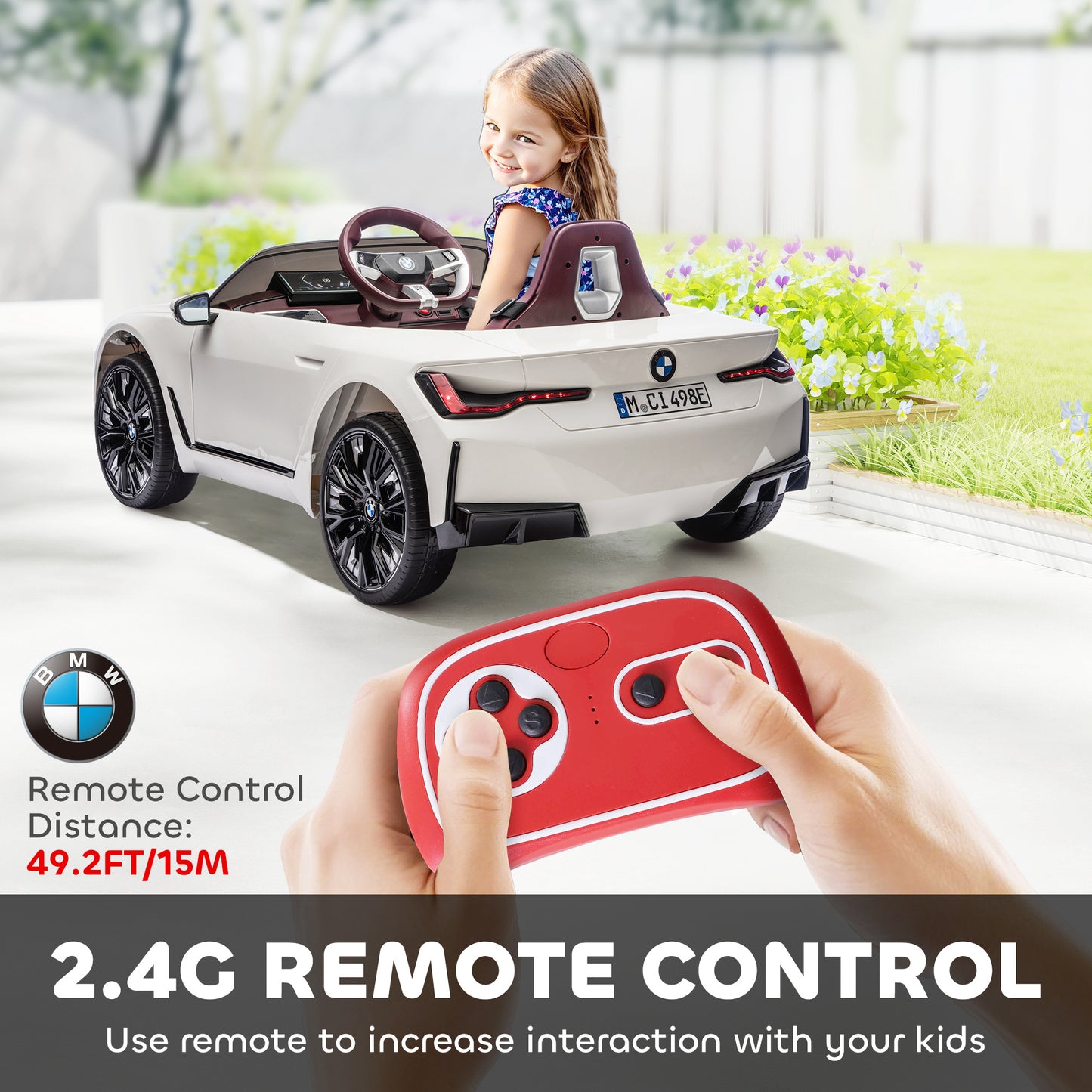 BMW i4 Licensed 12V Kids Electric Ride-On Car, White, Red and Light Blue