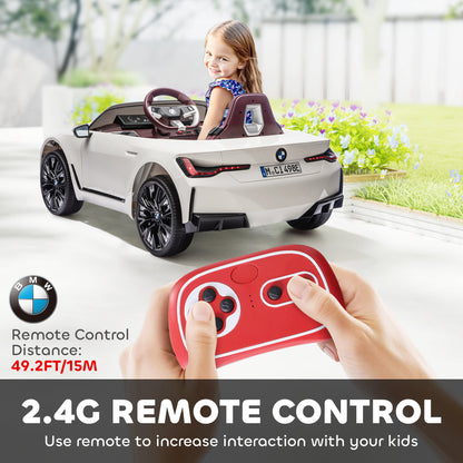 BMW i4 Licensed 12V Kids Electric Ride-On Car, White, Red and Light Blue