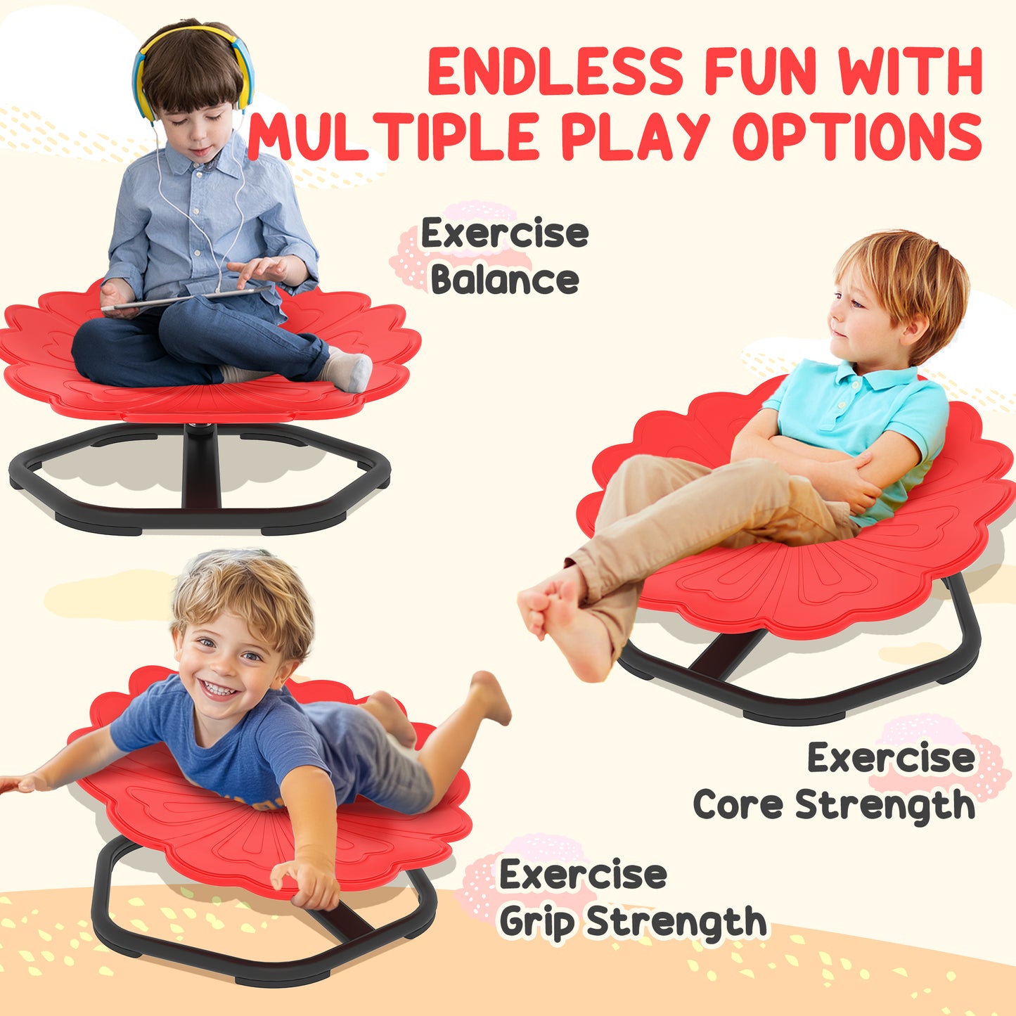 Flower-Shaped Sensory Spinning Chair with Non-Slip Base for Balance/Coordination, Red