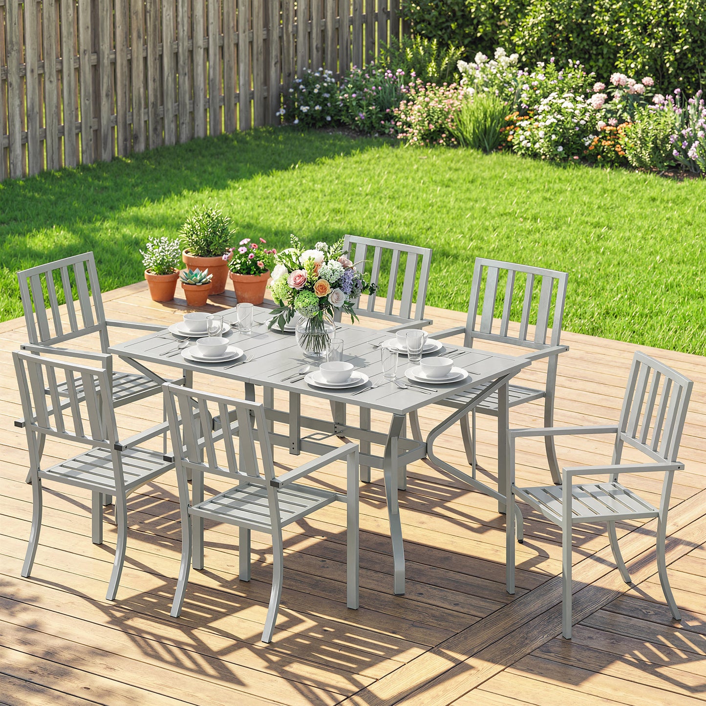 7 Pieces Garden Table and Chairs, 6 Seater Outdoor Table and Chairs with Umbrella Hole, for Garden, Light Grey
