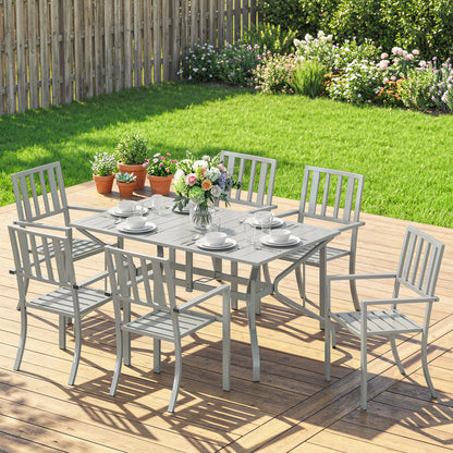 7 Pieces Garden Table and Chairs, 6 Seater Outdoor Table and Chairs with Umbrella Hole, for Garden, Light Grey