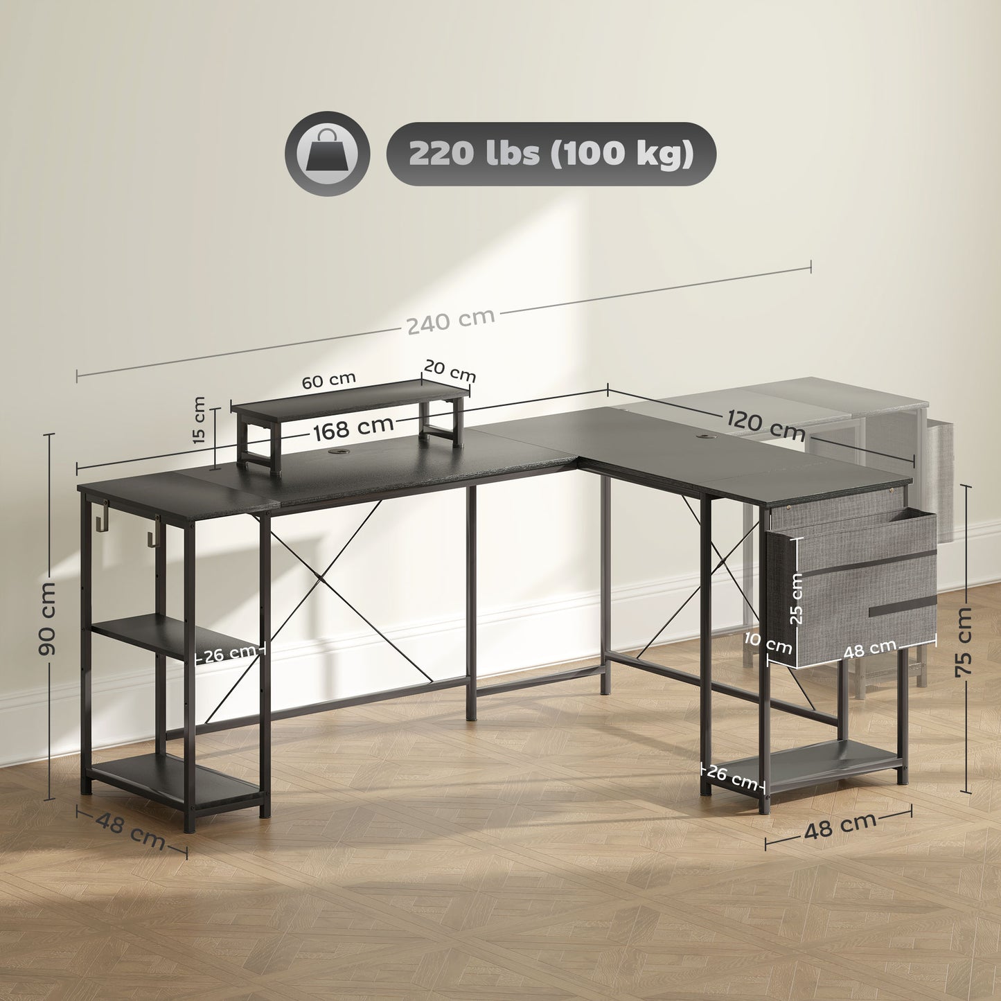 168cm Reversible L Shaped Desk, Industrial Corner Computer Desk with Adjustable Shelf and Storage Bag