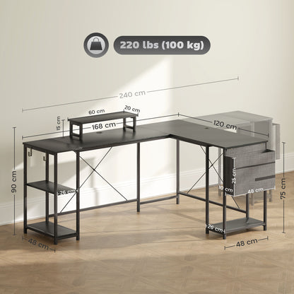 168cm Reversible L Shaped Desk, Industrial Corner Computer Desk with Adjustable Shelf and Storage Bag