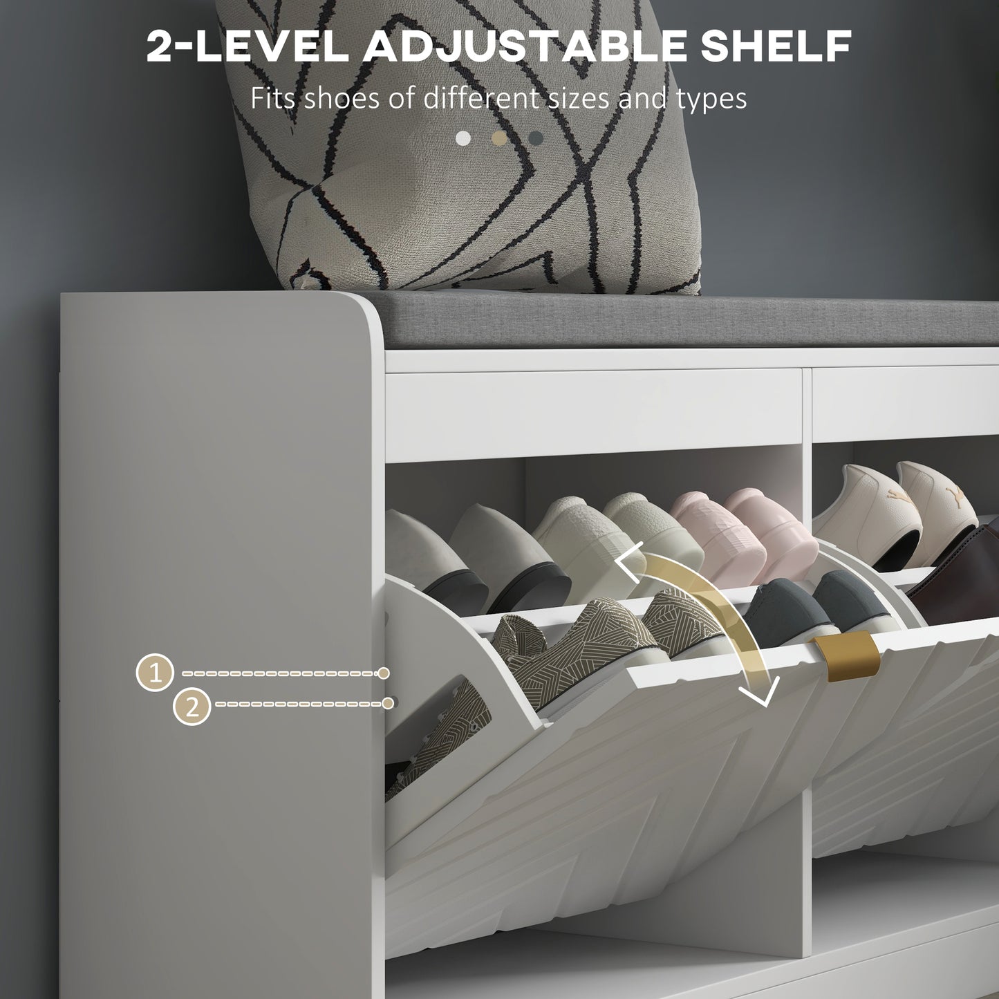 Shoe Storage with Seat, Upholstered Entryway Bench, Shoe Bench with 2 Flip Drawers and 4 Vents for 8 Pairs of Shoes