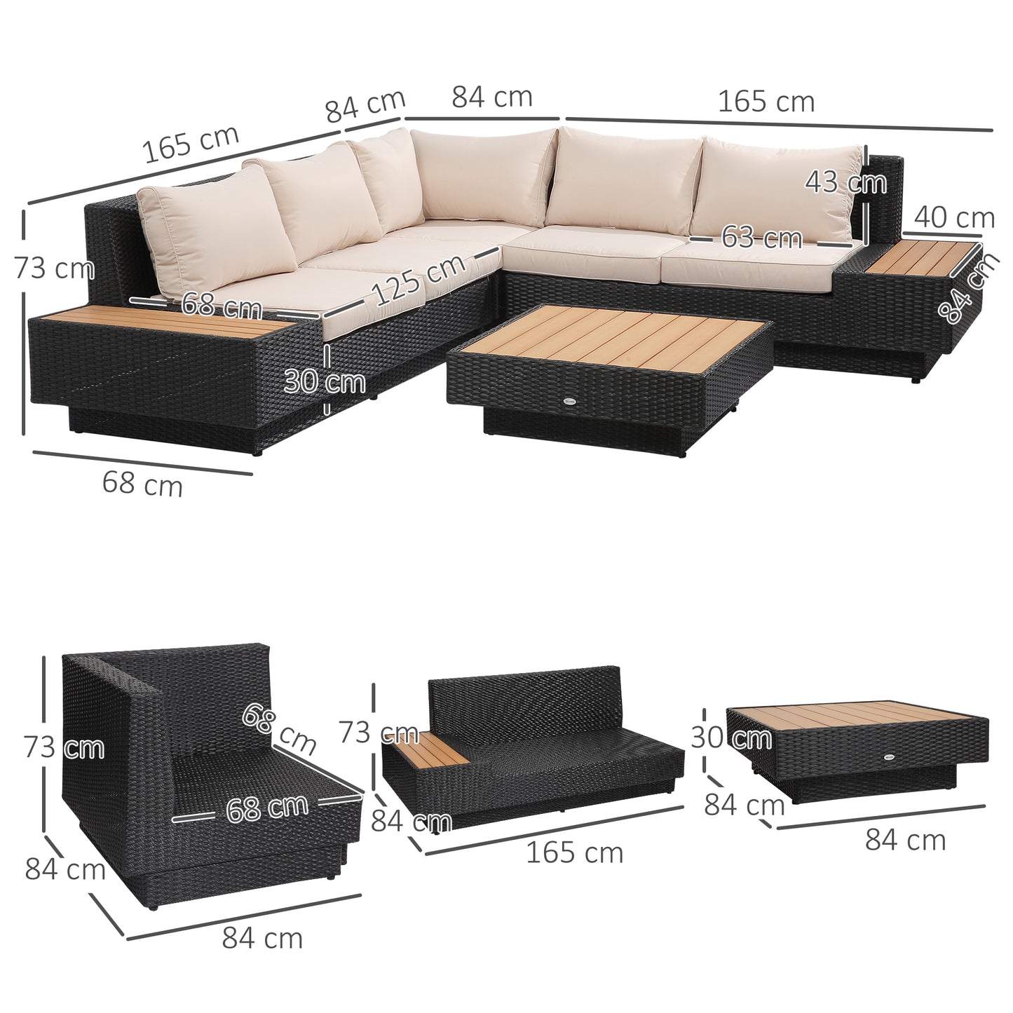 5-Seater Rattan Garden Furniture Outdoor Sectional Corner Sofa with Armrest and Cushions, Black