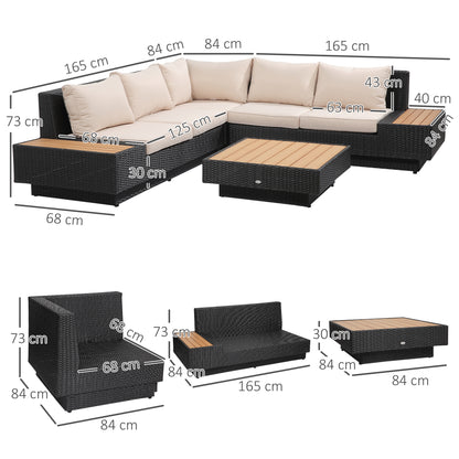 5-Seater Rattan Garden Furniture Outdoor Sectional Corner Sofa with Armrest and Cushions, Black