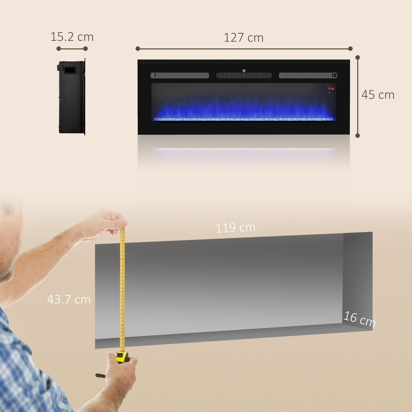 127cm/50" Electric Fireplace, 2000W Recessed and Wall Mounted Electric Fire with Remote Control, 9 Flame Colour and Crystal