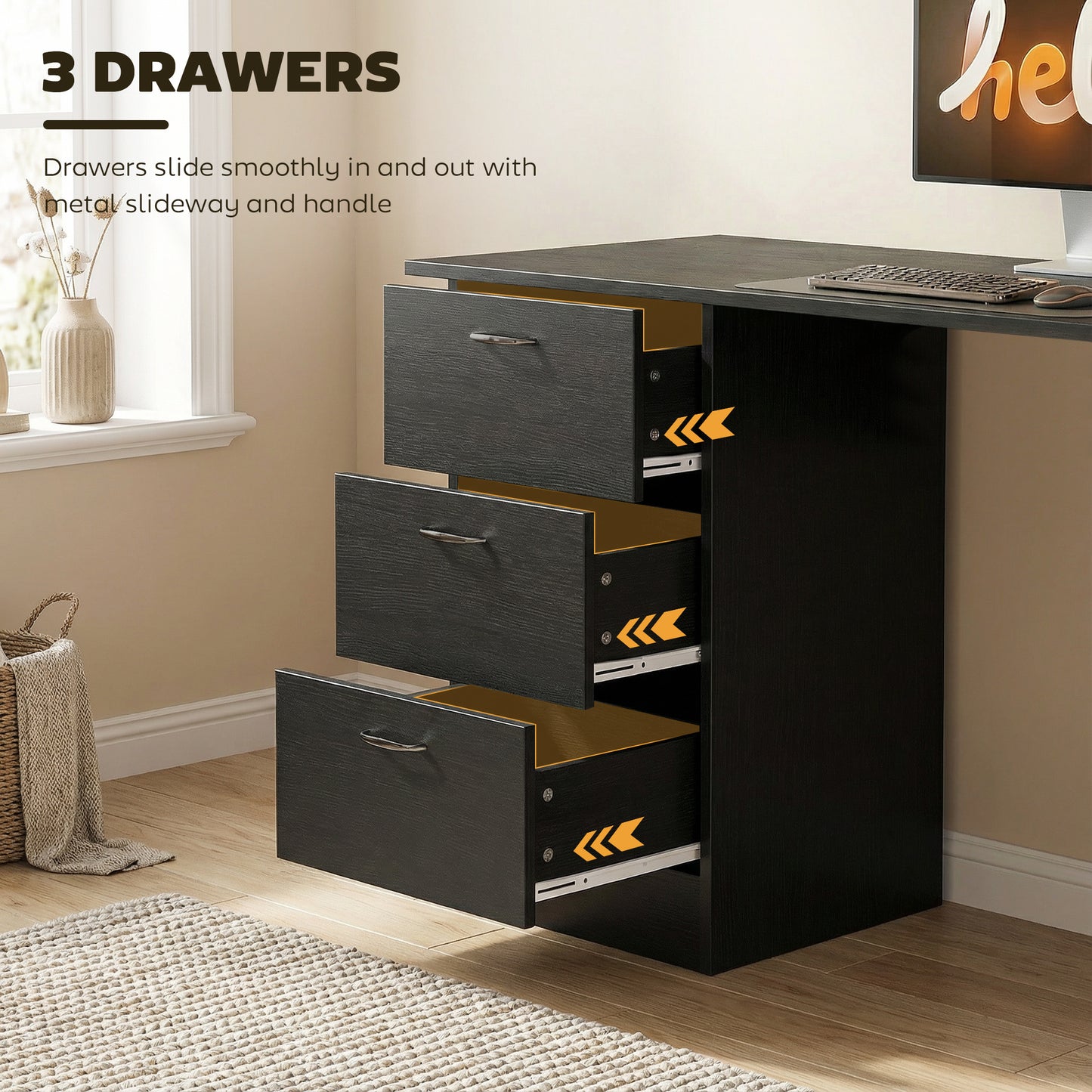Computer Desk, Writing Table, PC Workstation with 3 Storage Shelves and Drawers, Handle, for Home Office, Black