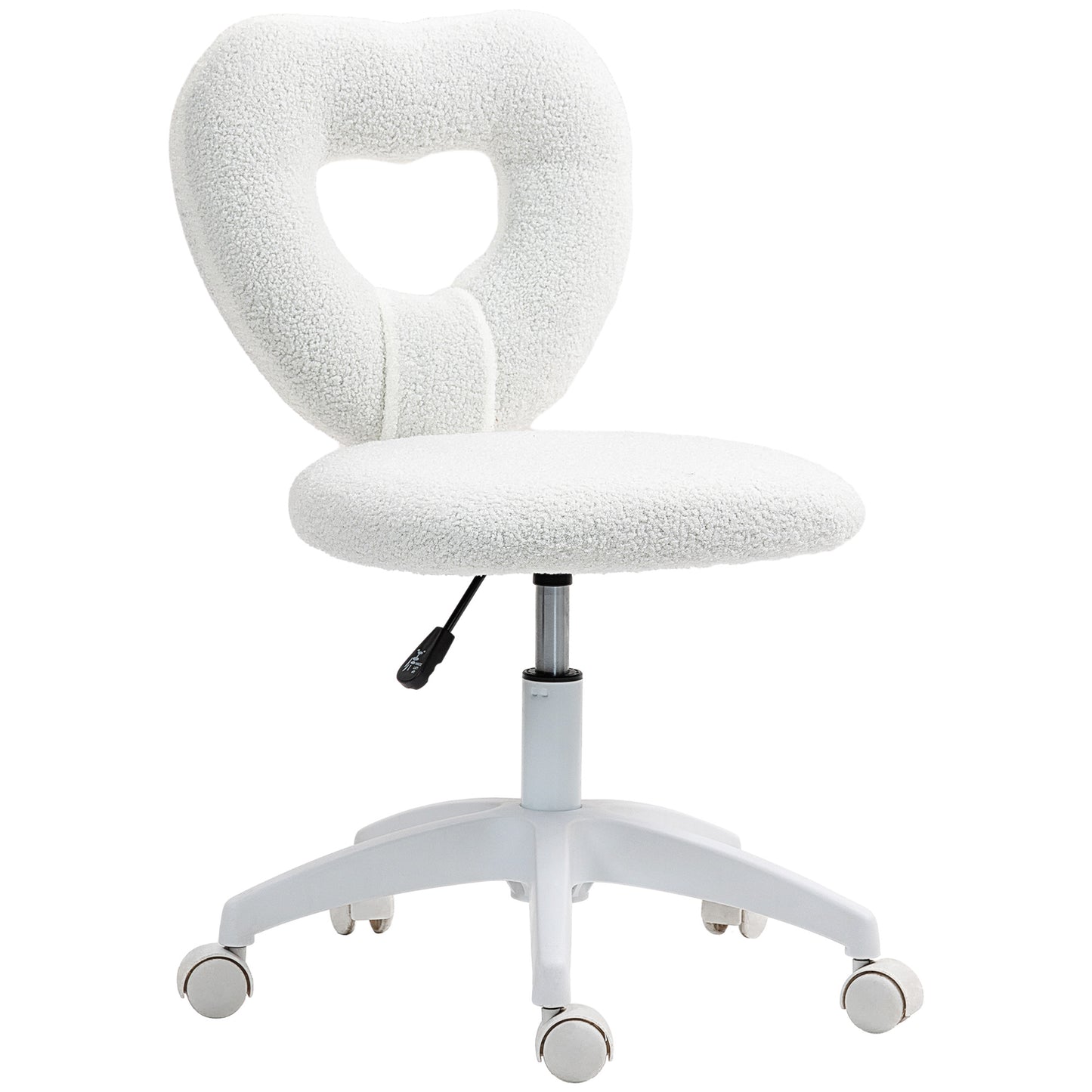 Armless Heart Computer Desk Chair, Teddy Fleece Swivel Office Chair, Makeup Vanity Chair with Height Adjustable, Wheels