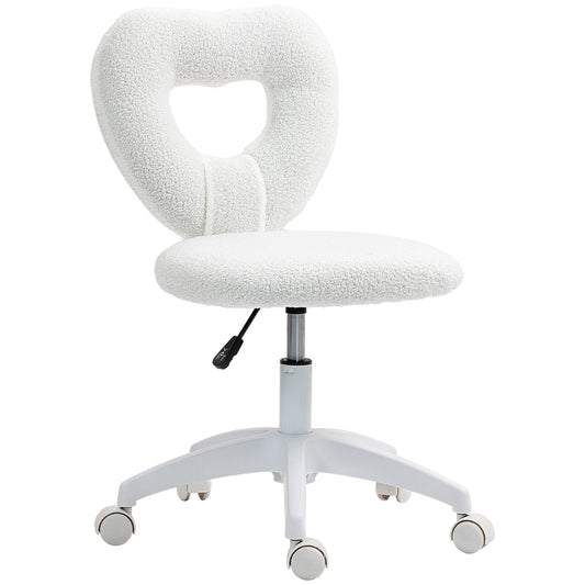 Armless Heart Computer Desk Chair, Teddy Fleece Swivel Office Chair, Makeup Vanity Chair with Height Adjustable, Wheels