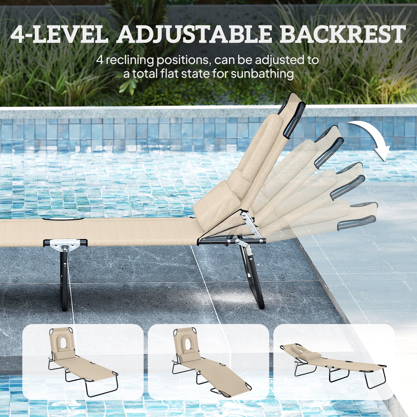 Folding Sun Lounger with Face Hole, 4-Position Adjustable Backrest Garden Recliner Chair Sunbed, Outdoor Lounge Chair