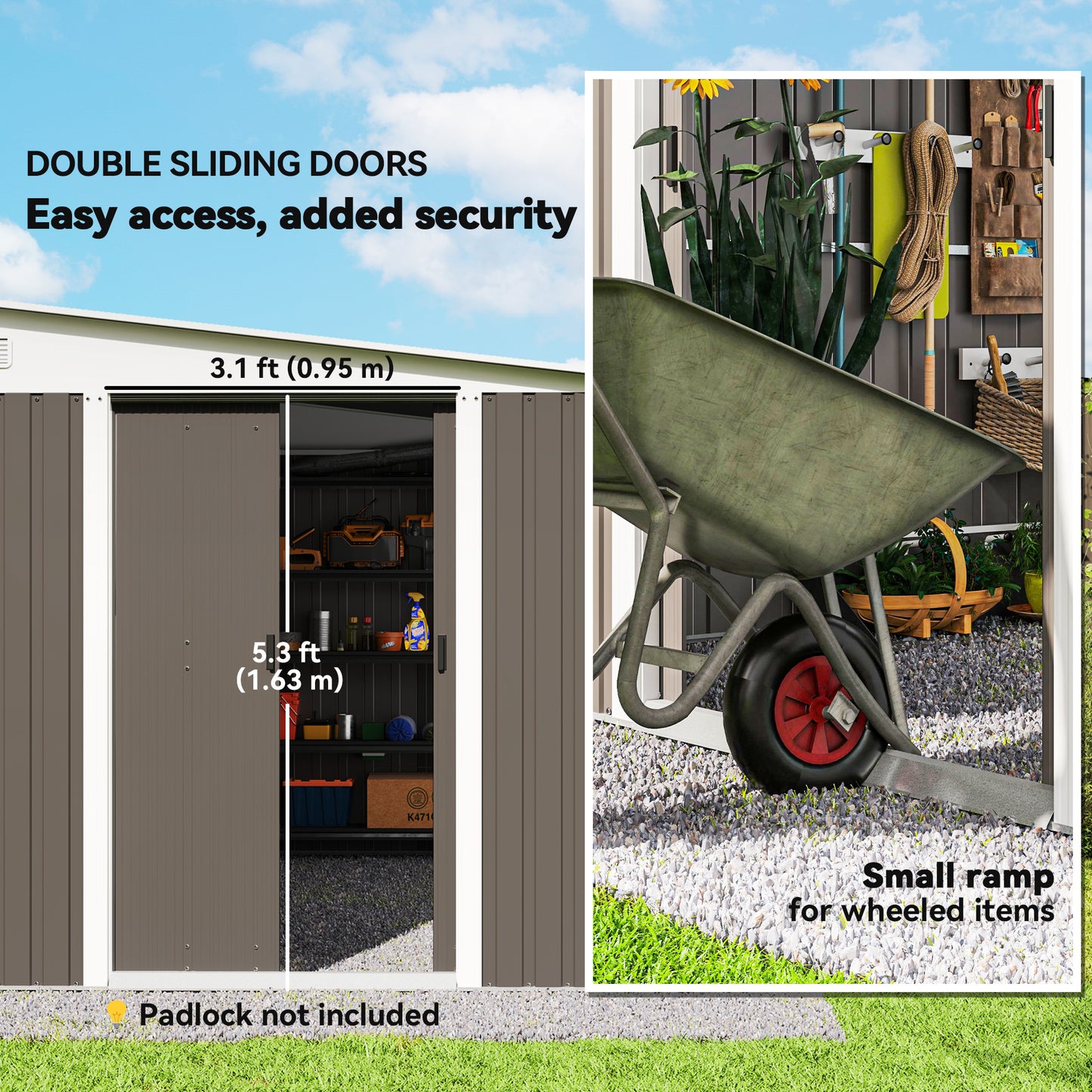 11.3 x 9.2ft Lean to Metal Garden Shed, Waterproof Outdoor Tool & Bike Storage Shed Galvanised with Lockable Double Sliding D