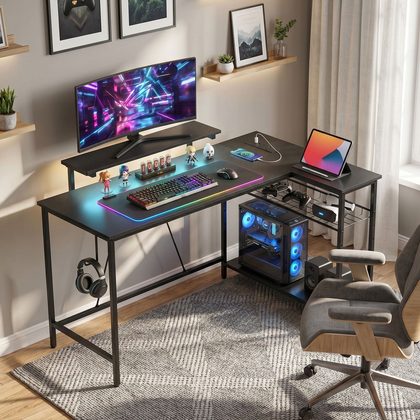 Reversible 'L' LED Light Gaming/Work Desk - Black