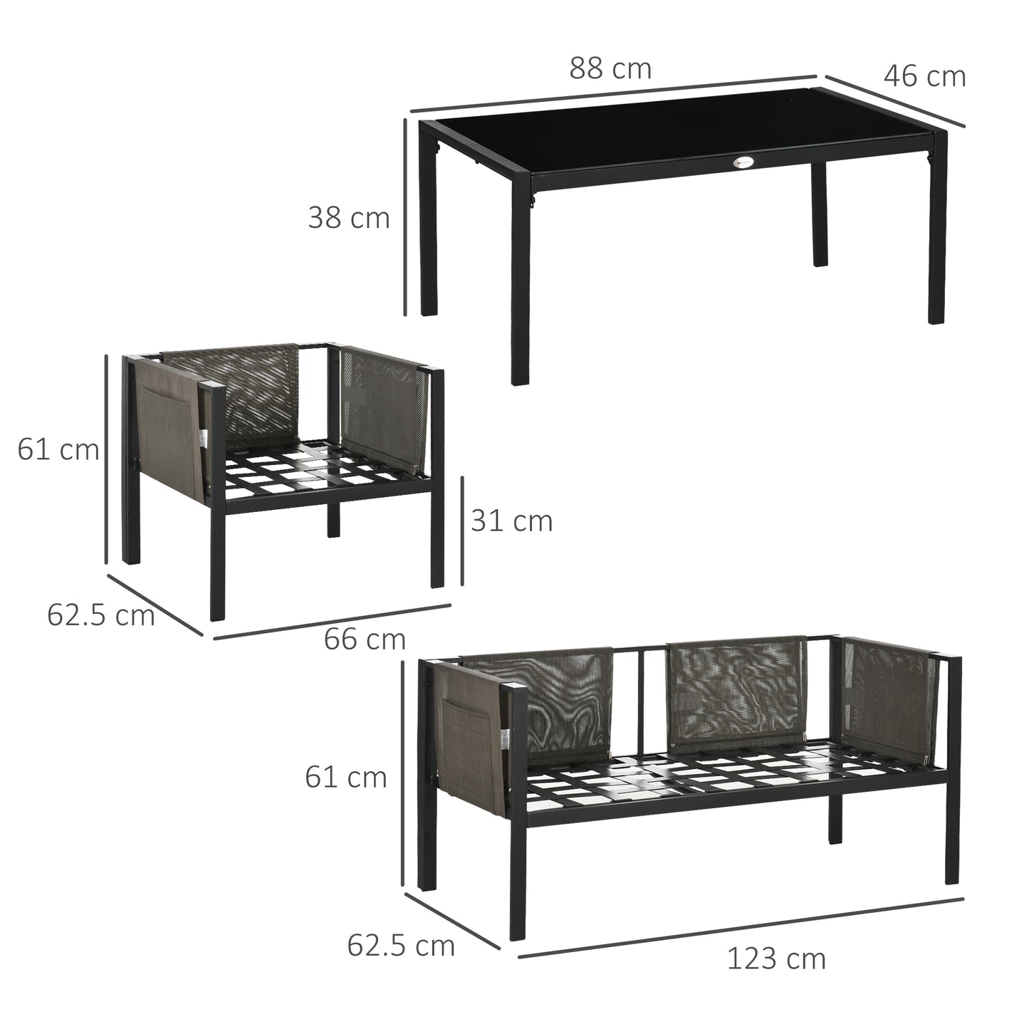 4 Piece Metal Garden Furniture Set with Tempered Glass Coffee Table, Texteline Pocket