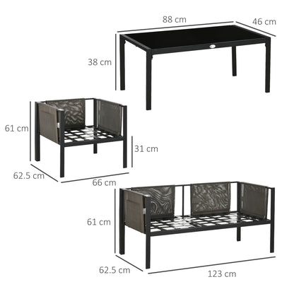 4 Piece Metal Garden Furniture Set with Tempered Glass Coffee Table, Texteline Pocket