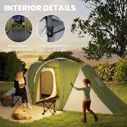 Large Camping Tent Tunnel Tent with 2 Bedroom and Living Area, 2000mm Waterproof, Portable with Bag for 4 Man, Green