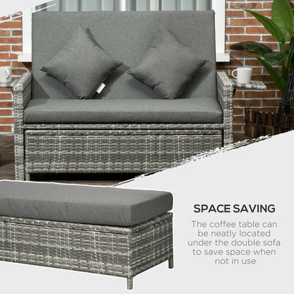 Rattan Garden Daybed, Assembled Double Sun Lounger with 5-Level Adjustable Back, Storage Ottoman, Cushions