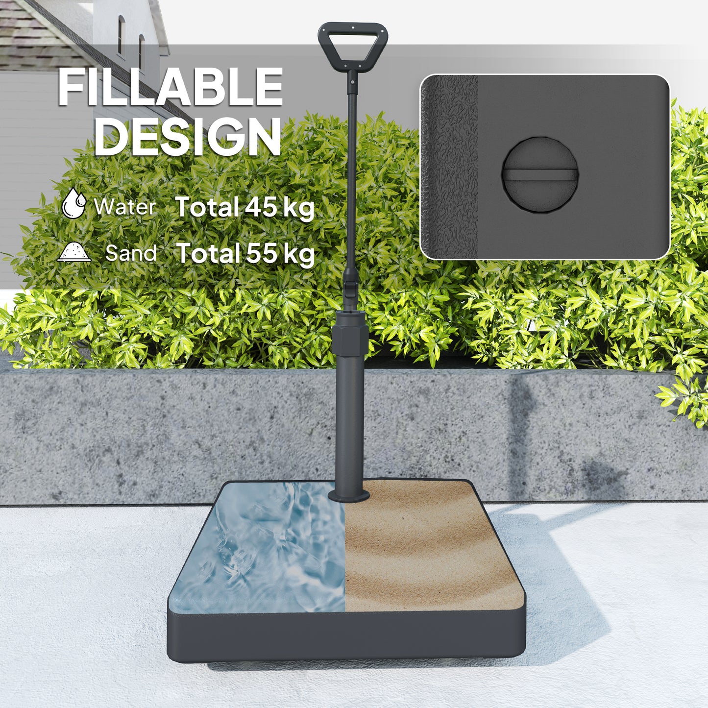Garden Parasol Base with Adjustable Wheels and Handle, Garden Sun Umbrella Base Parasol Stand, Filled Up to 55kg with Stand