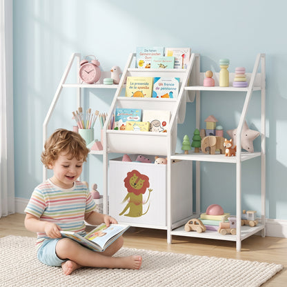 Kids Bookshelf and Toy Storage with 3-Tier Sling Book Rack and Fabric Drawer for Nursery, Bedroom, Playroom, White