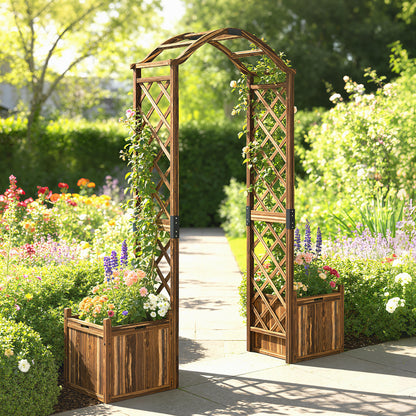 Wooden Garden Arch with 2 Planter Boxes, Outdoor Rose Arch Trellis for Climbing Vines, Carbonised