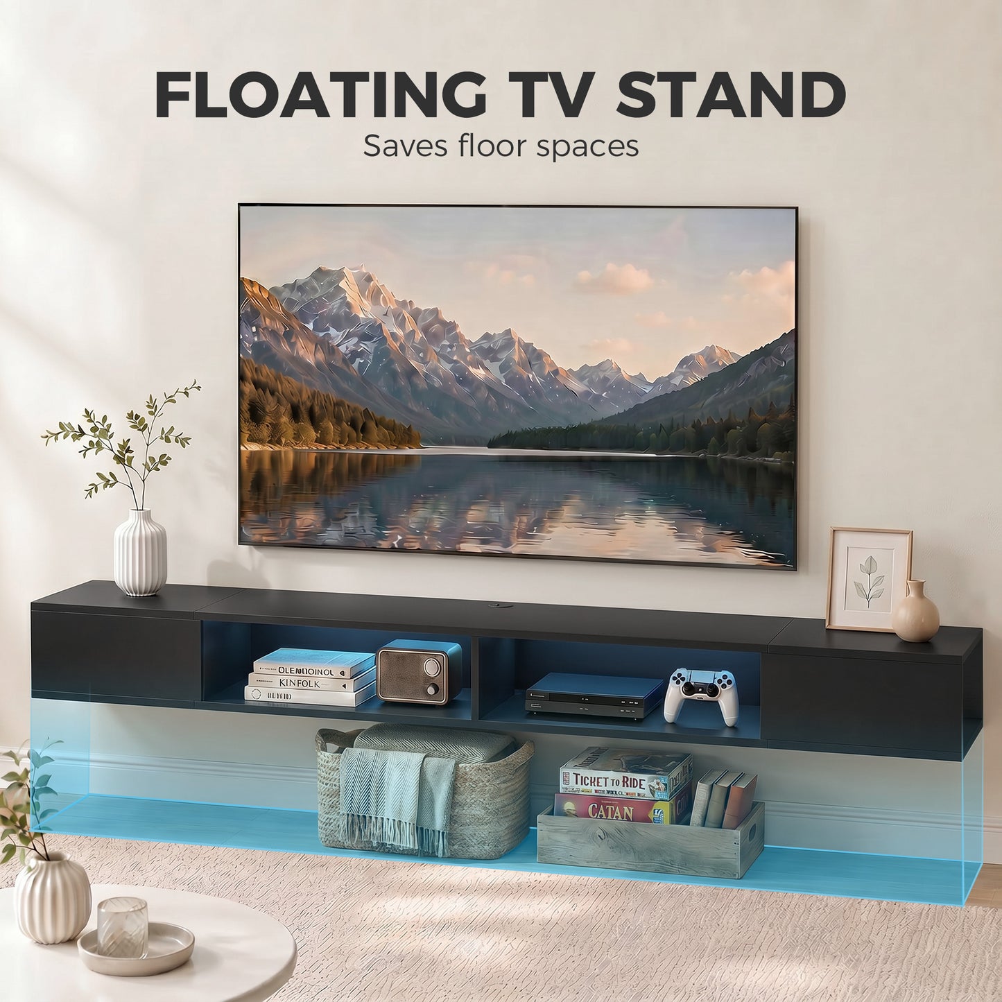 Wall Mounted TV Stand with RGB LED Lights, Floating Entertainment Centre for 75 Inch TV, Black