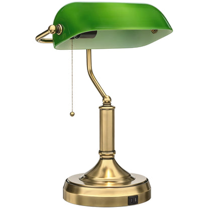 Desk Lamp with USB Ports, Banker's Table Lamp Desk Lamp with Vintage Bronze Tone Base and Pull Rope Switch, Green