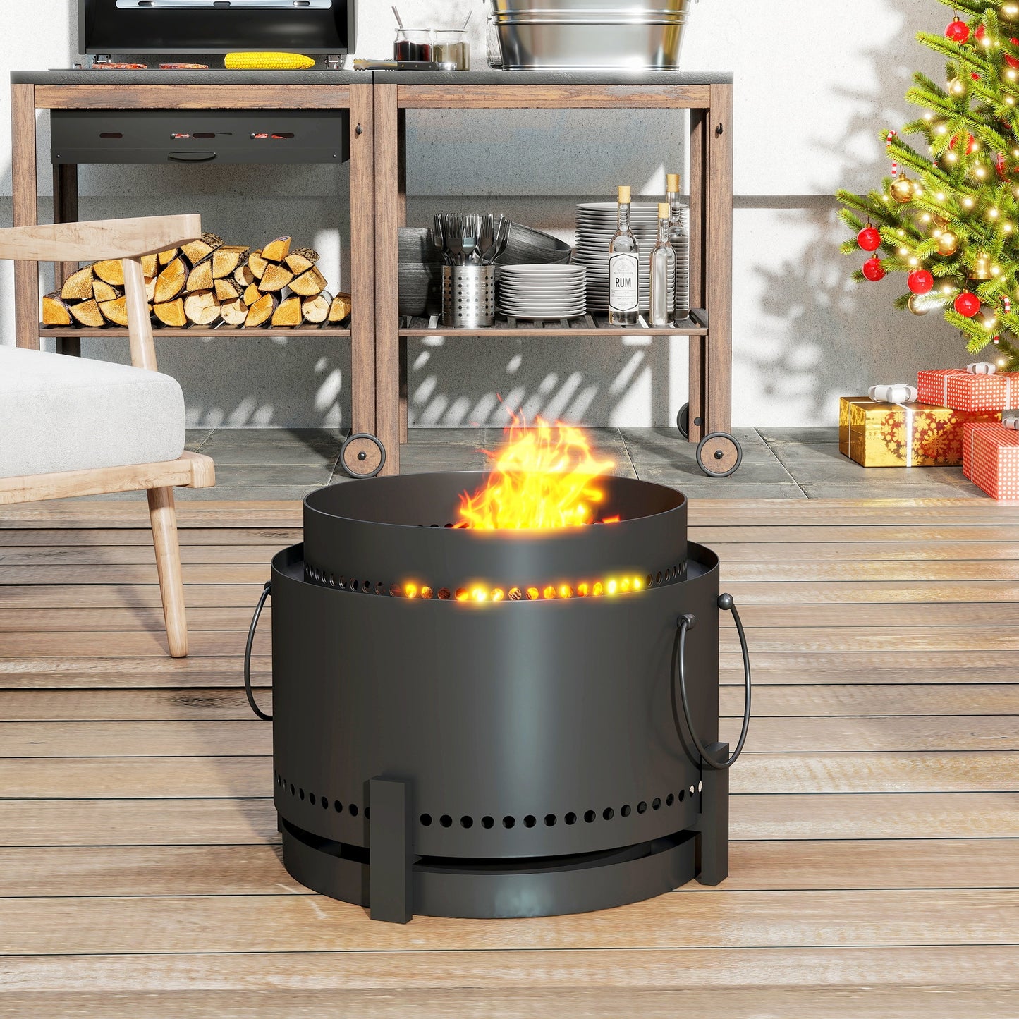 Smokeless Fire Pit with Ash Catcher, 37cm Portable Wood Burning Firepit with Poker for Garden Camping Bonfire Party, Metal