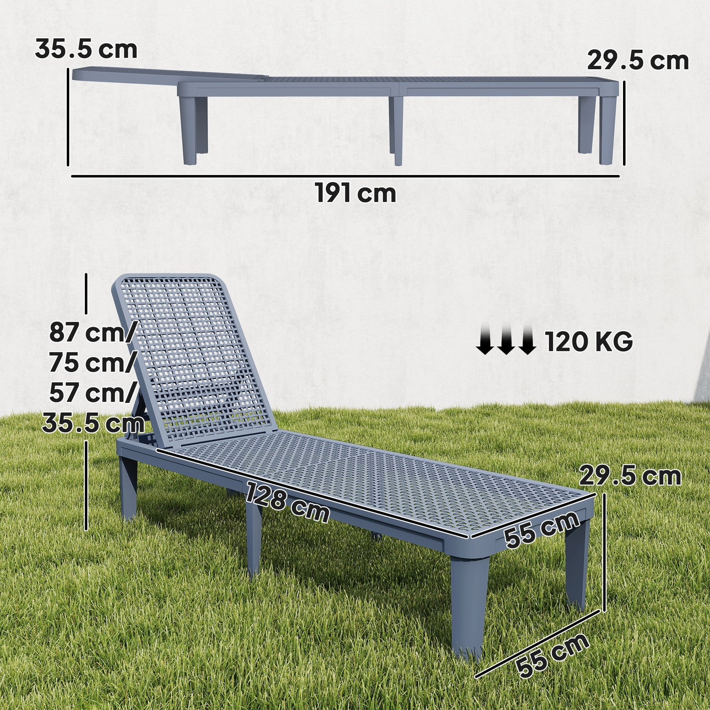 Plastic Sun Lounger, 4-Position Adjustable Reclining Garden Lounger Sunbed for Patio, Beach, Terrace, Dark Grey