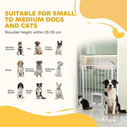 Adjustable Pet Gate with Cat Door, Pressure Fit Barrier for Doorway and Hallway, 75-85 cm, White