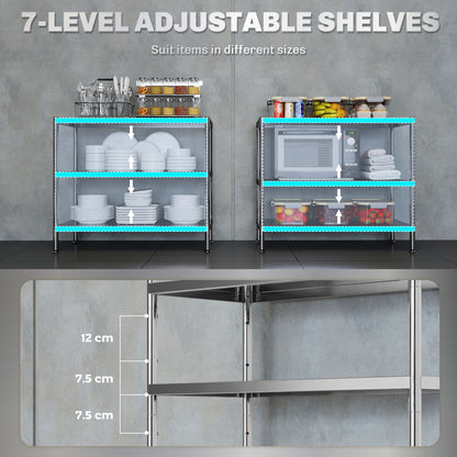 3-Tier Bakers Rack with Storage, Stainless Steel Microwave Stand with Adjustable Shelves for Small Spaces