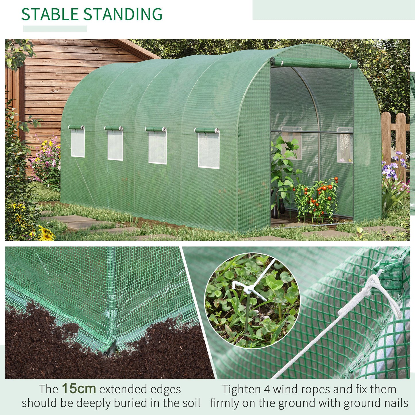 Walk-in Polytunnel Greenhouse, Outdoor Garden Tunnel Greenhouse Tent with Zipped Roll-Up Door and 8 Mesh Windows, 4 x 2M