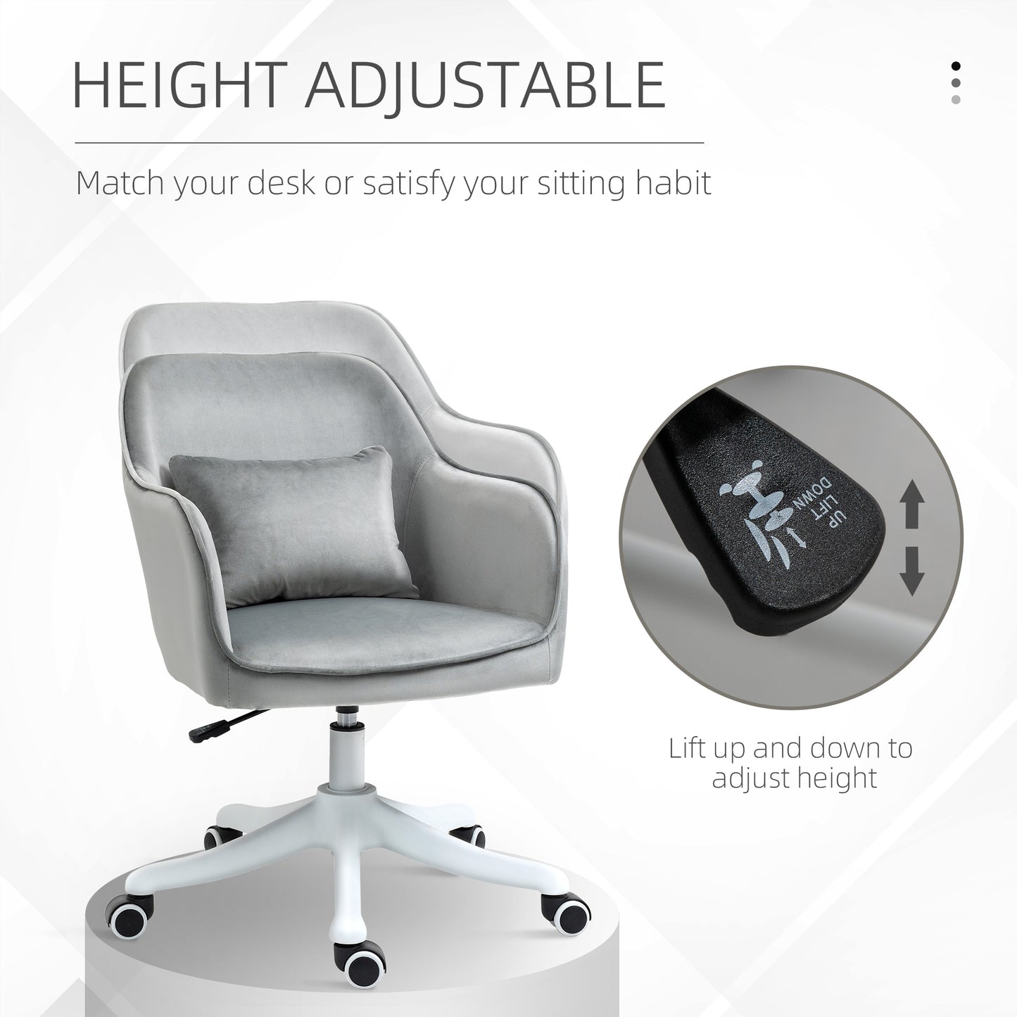 Velvet Office Chair, Desk Chair, Makeup Vanity Chair with Massage Lumbar Pillow and Rolling Wheels for Bedroom and Home, Grey