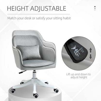 Velvet Office Chair, Desk Chair, Makeup Vanity Chair with Massage Lumbar Pillow and Rolling Wheels for Bedroom and Home, Grey