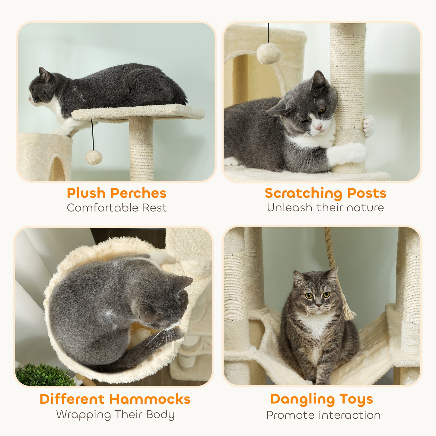 202cm Cat Tree with 6 Scratching Posts, 2 Hammocks, 2 Condos, 2 Perches, Pompoms, for Cats to Rest and Play, Beige