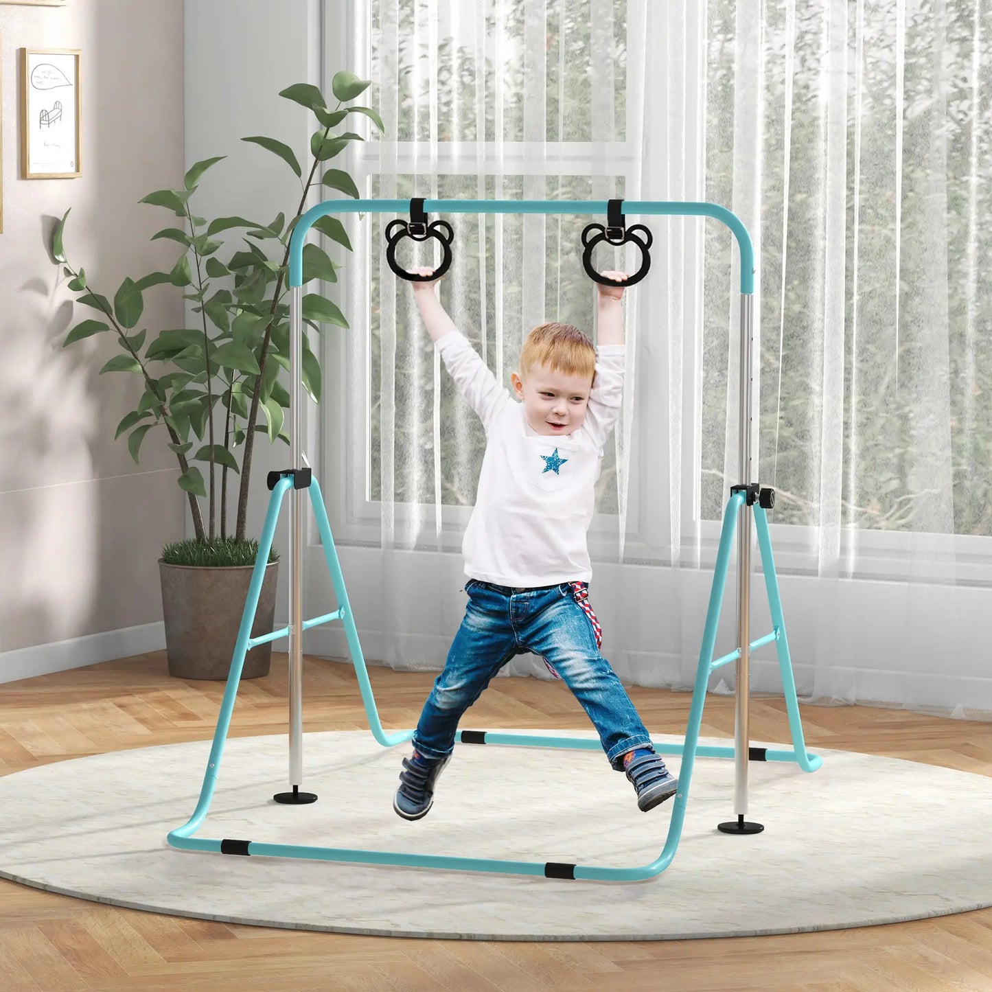 Adjustable Height Gymnastics Bar with Gymnastic Rings Attachment Included - For Kids - Green