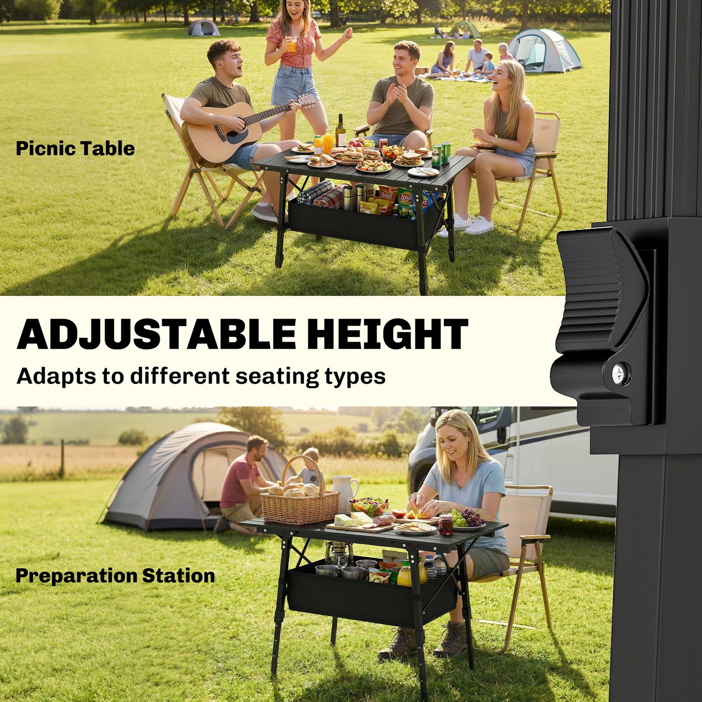 Folding Camping Table, 90 x 55 cm Height Adjustable Portable Collapsible Table