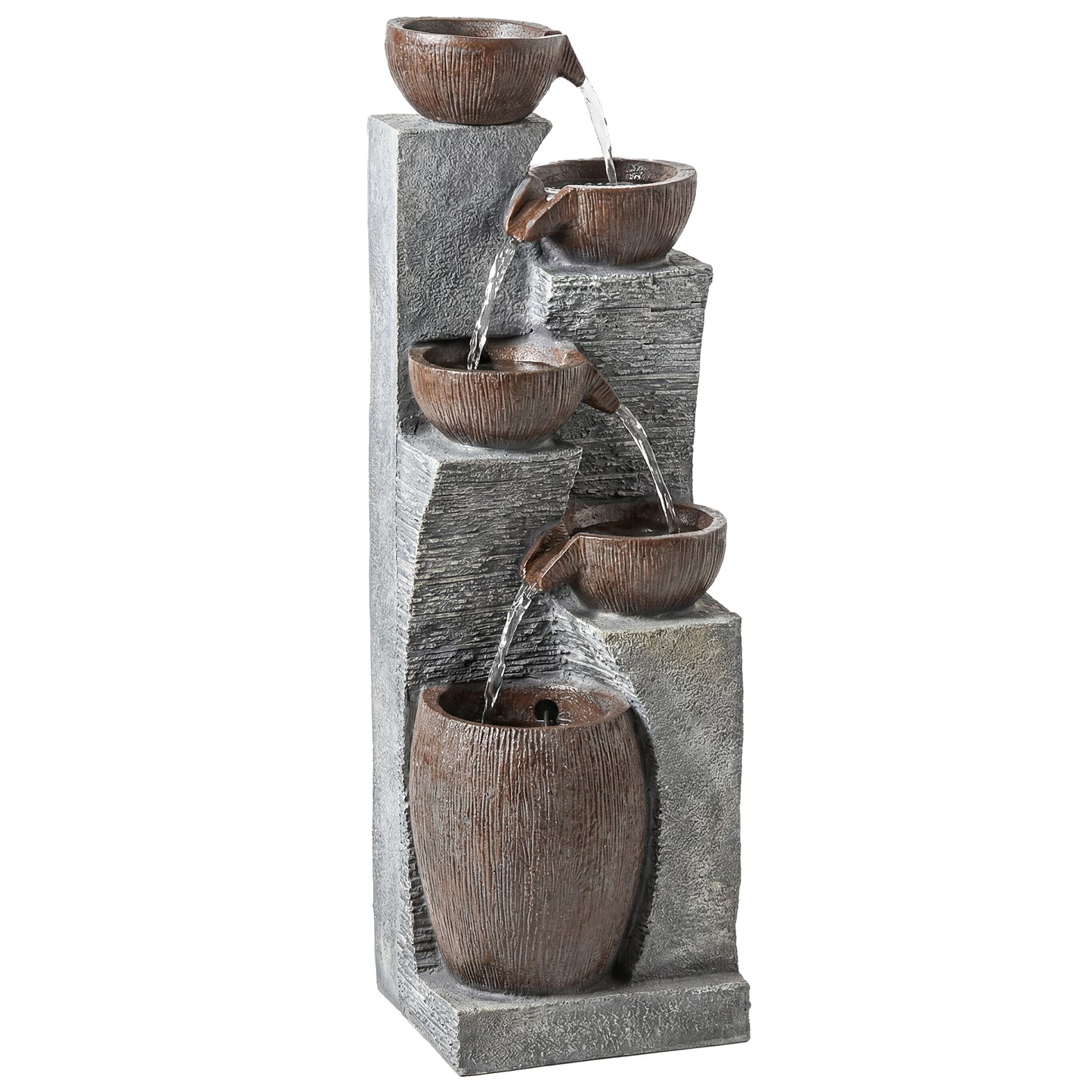 Outdoor Fountain with 5-Tier, Garden Fountain with LED Lights, Adjustable Flow, Grey and Rustic Brown