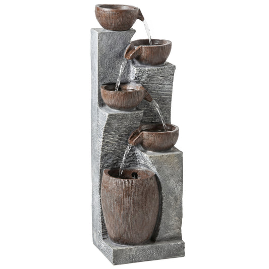 Outdoor Fountain with 5-Tier, Garden Fountain with LED Lights, Adjustable Flow, Grey and Rustic Brown