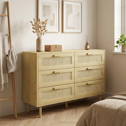 Chest of Drawers, 6-Drawer Dresser, Tall Storage Drawer Unit with Rattan Element for Bedroom, Living Room, Oak