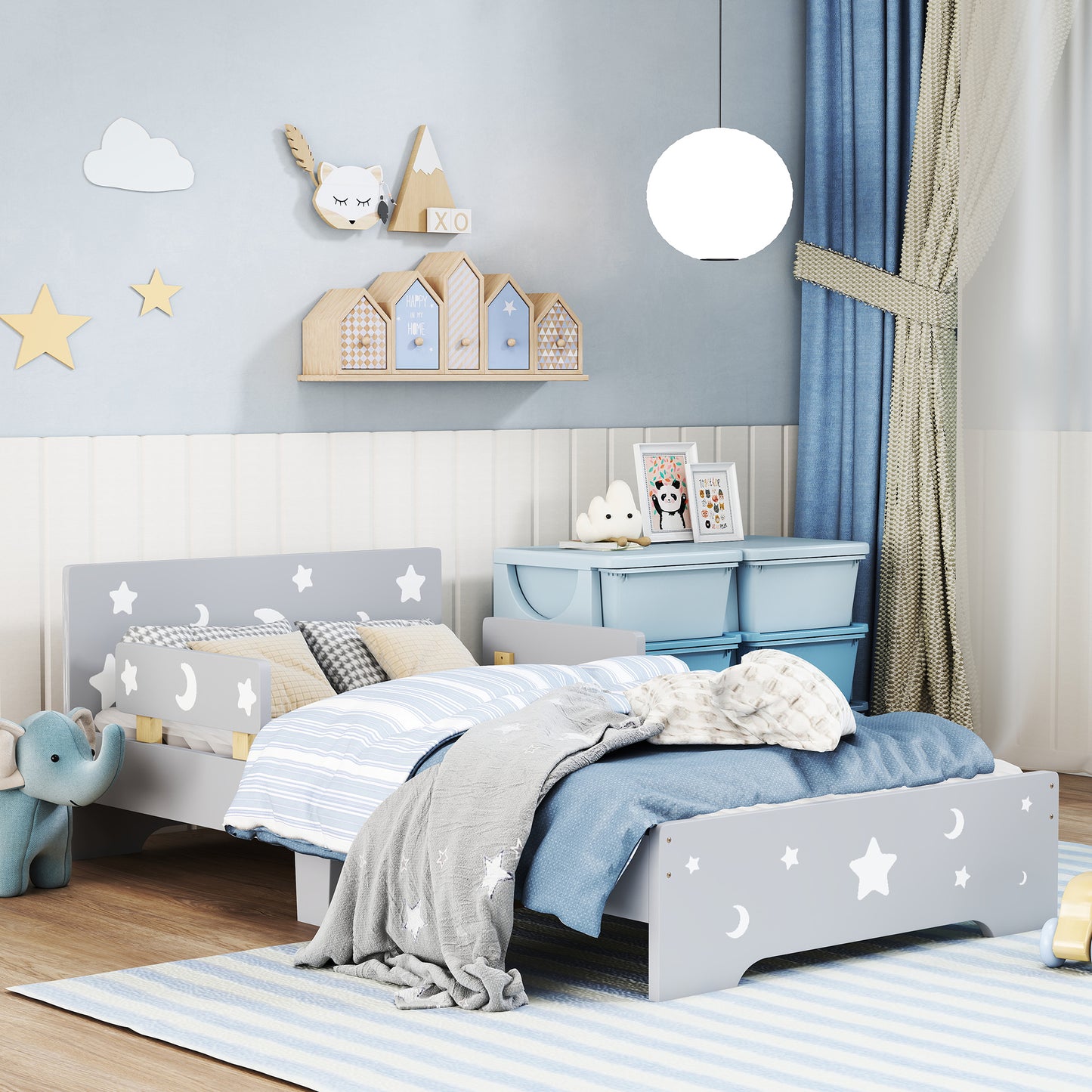 ZONEKIZ Kids Toddler Bed, with Star and Moon Patterns, Side Rails, for Ages 3-6 Years - Grey